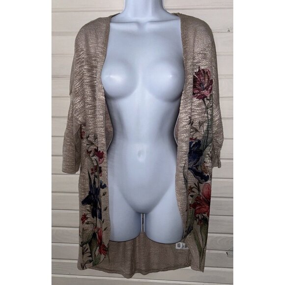 NWT Live In The Moment Sz LARGE Open Front Cardigan Oatmeal Floral Draped - Picture 3 of 11